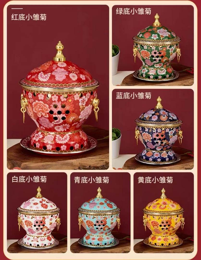 珐琅彩铜火锅纯紫铜加厚酒精炉家用小火锅一人一锅商用酒店会所