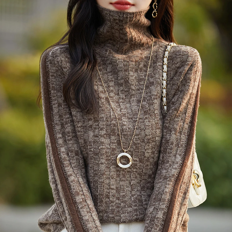 24新款慵懒复古风100%羊毛花纱高领长袖针织衫秋冬款内搭打底上衣