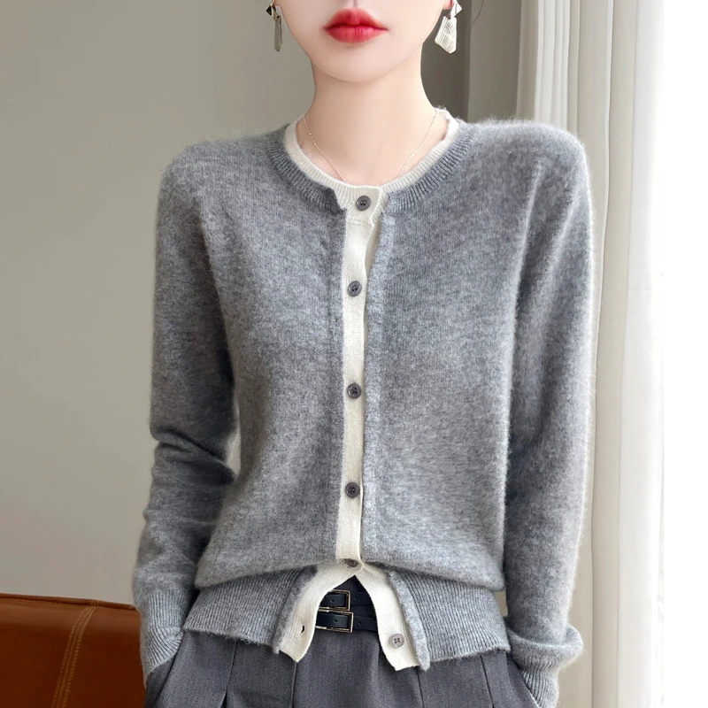 【品牌】秋冬新款韩系假两件纯羊毛开衫柔软舒适简约时尚款开衫上衣