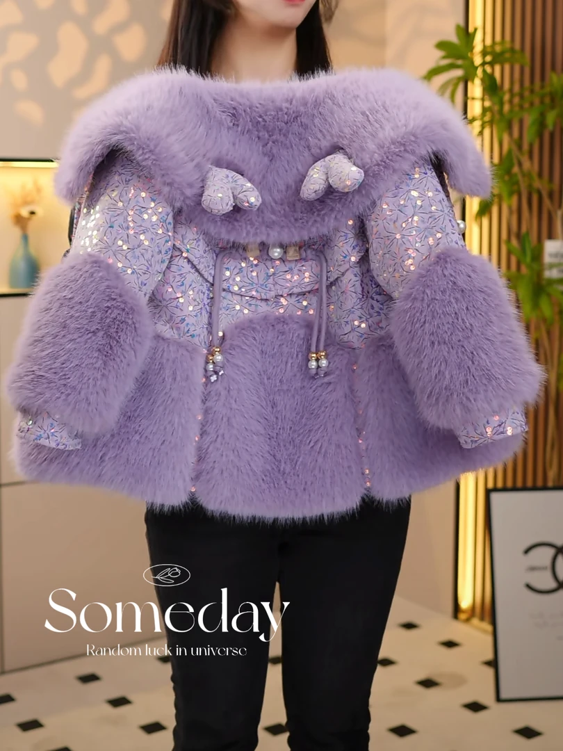 现货-女童冬装2024新款洋气加绒加厚中长款紫色草草外套