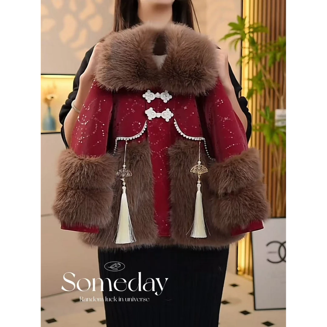 女童冬装2024新款洋气加绒加厚中长款红色草草外套