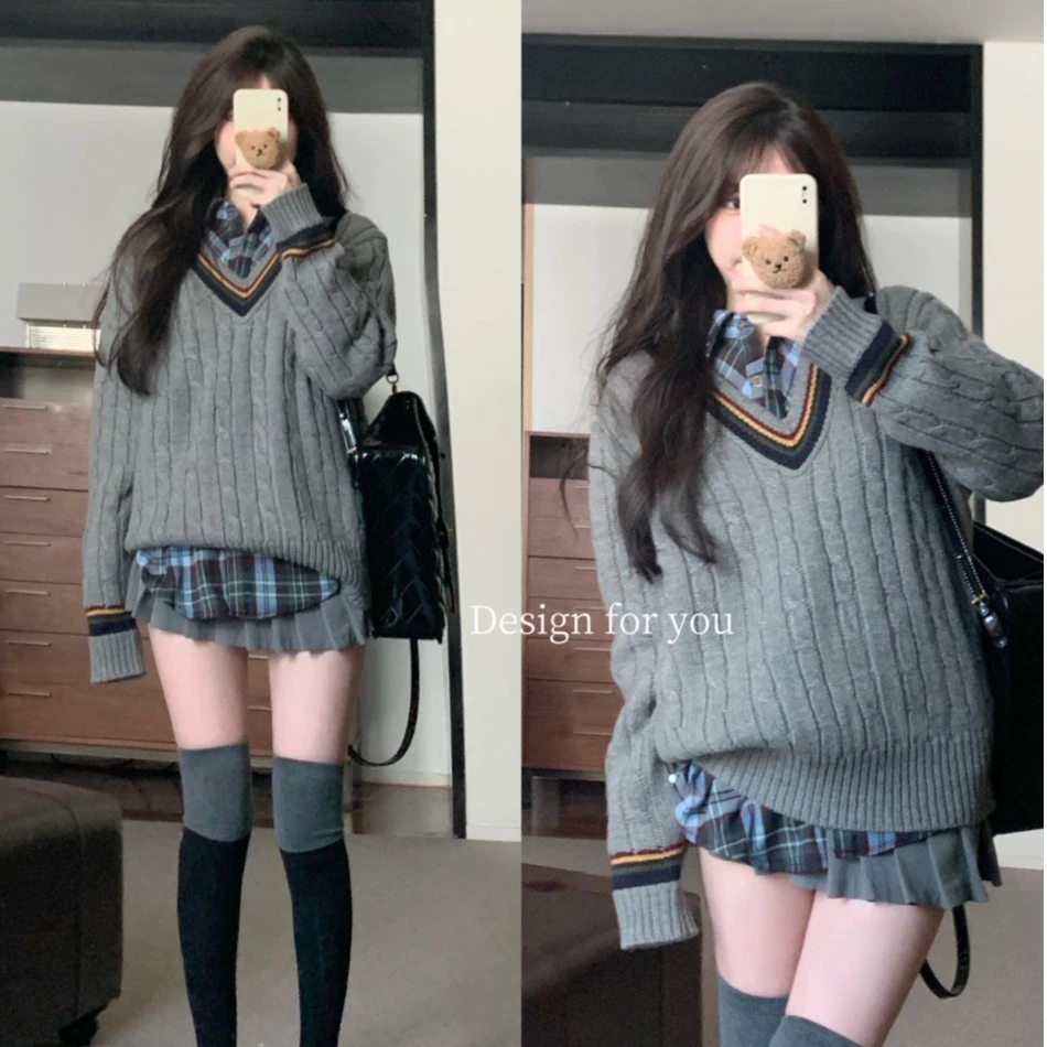 慵懒风V领学院风拼接麻花毛衣女春秋叠穿复古格子衬衫百褶短裙子