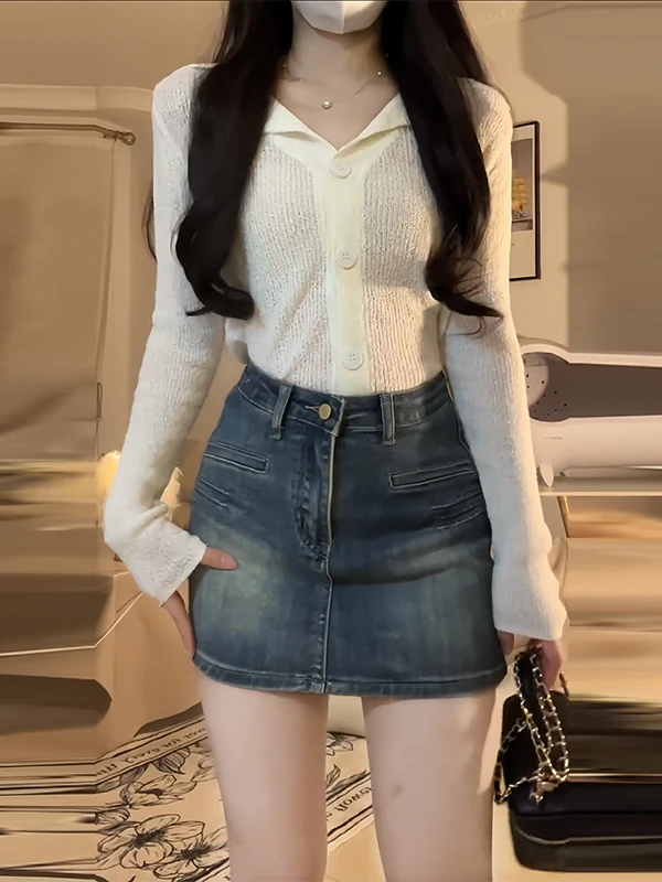 纯欲风镂空针织防晒开衫外搭罩衫女复古高腰辣妹牛仔半身裙两件套