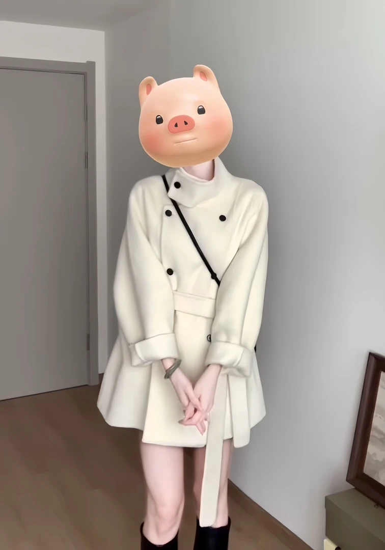 高级感奶白色毛呢外套女秋冬装新款小个子韩版系带立领呢子大衣女