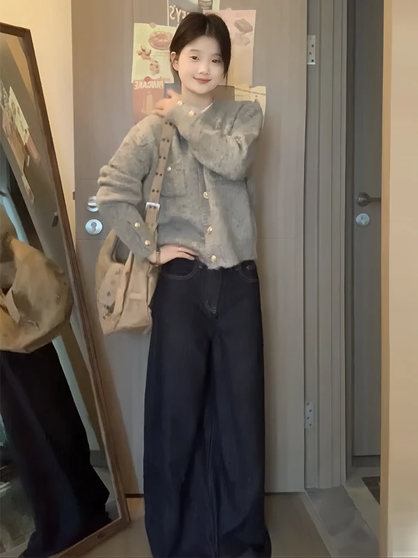 2024春秋新款小香风针织开衫毛衣女深蓝色高腰阔腿牛仔长裤两件套
