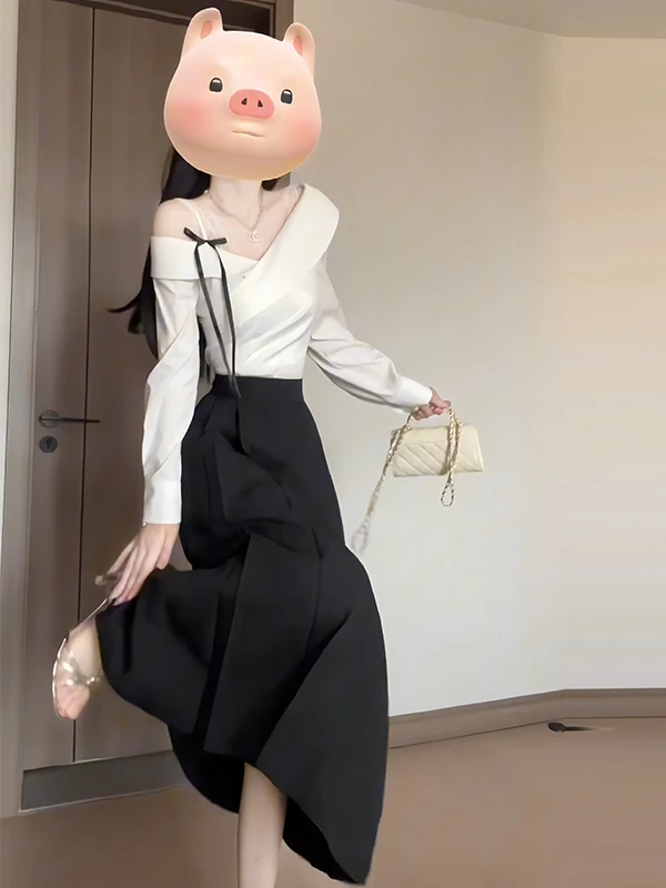 2024秋季新款小心机不对称交叉领斜肩衬衫+中长款a字半身裙两件套