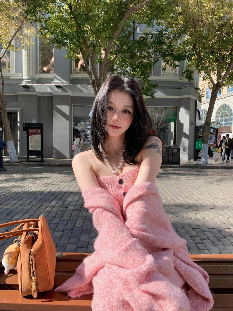 韩版chic慵懒风宽松针织外套+排扣抹胸背心+高腰鱼尾摆半裙套装女