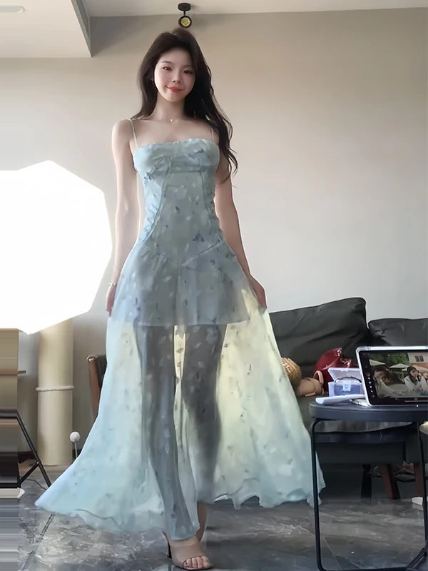 花期如梦 吊带印花长裙女度假仙女裙法式性感提花收腰连衣裙夏季