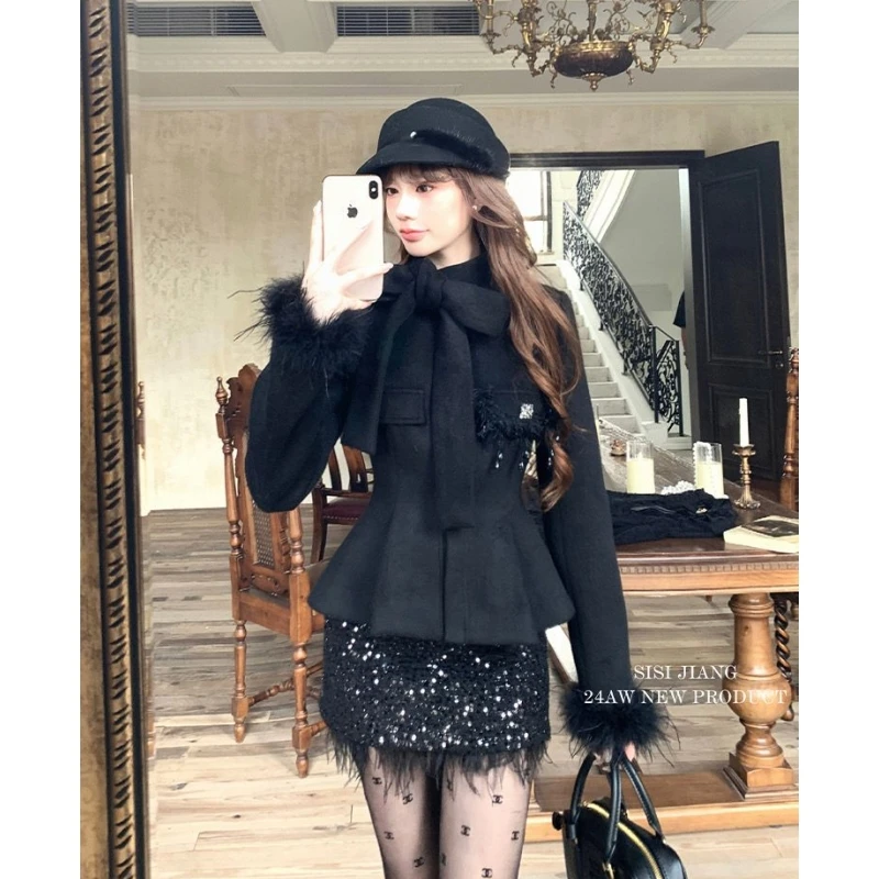 名媛风轻熟绑带蝴蝶结千金感收腰上衣别致亮片流苏包臀裙两件套女