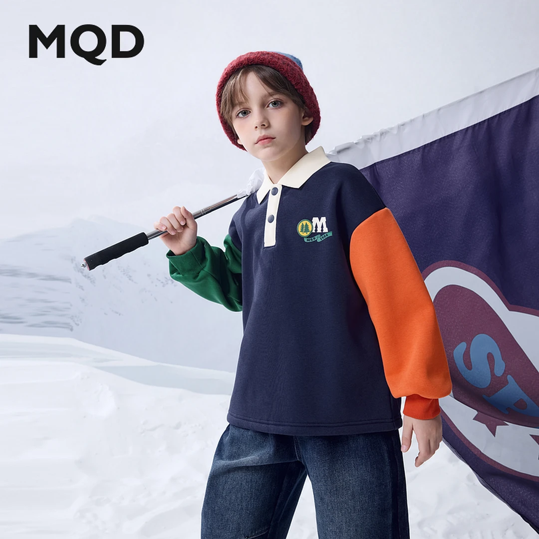 MQD童装24冬季新品学院风经典撞色翻领加绒卫衣9644W0633