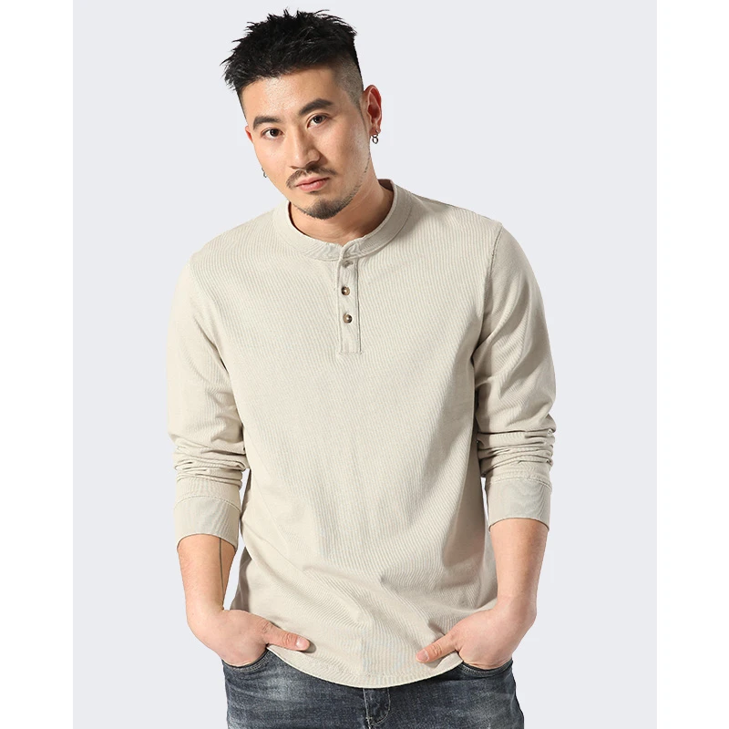 330克重磅亨利领长袖T恤男士硬汉阿美咔叽美式休闲复古纯棉打底衫