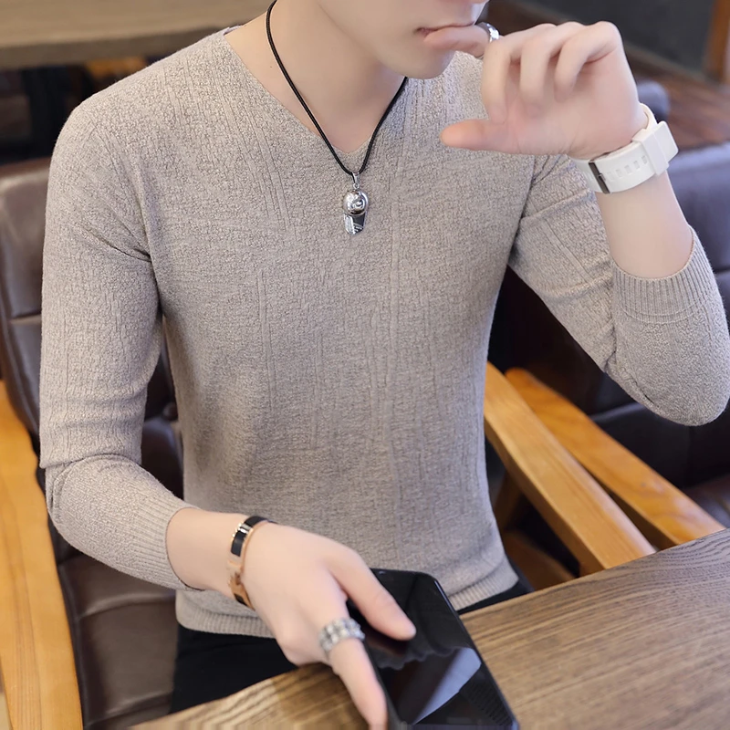男士V领毛衣秋冬季帅气韩版修身针织打底衫纯色内搭鸡心领线衣潮