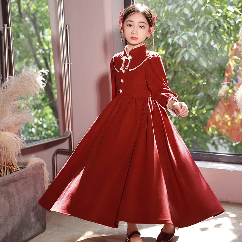 女童秋冬红色气质高端冬季加厚儿童公主裙元旦主持人礼服冬款洋气