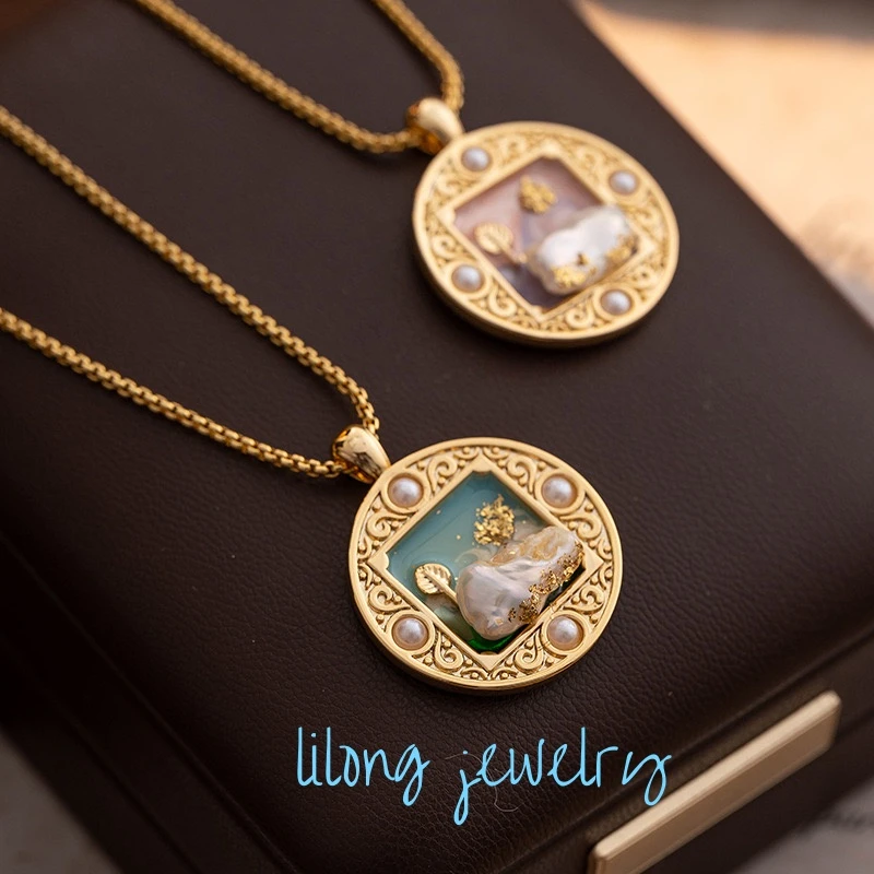 铜合金项链 国风复古新中式个性圆形油画吊坠小众设计锁骨链