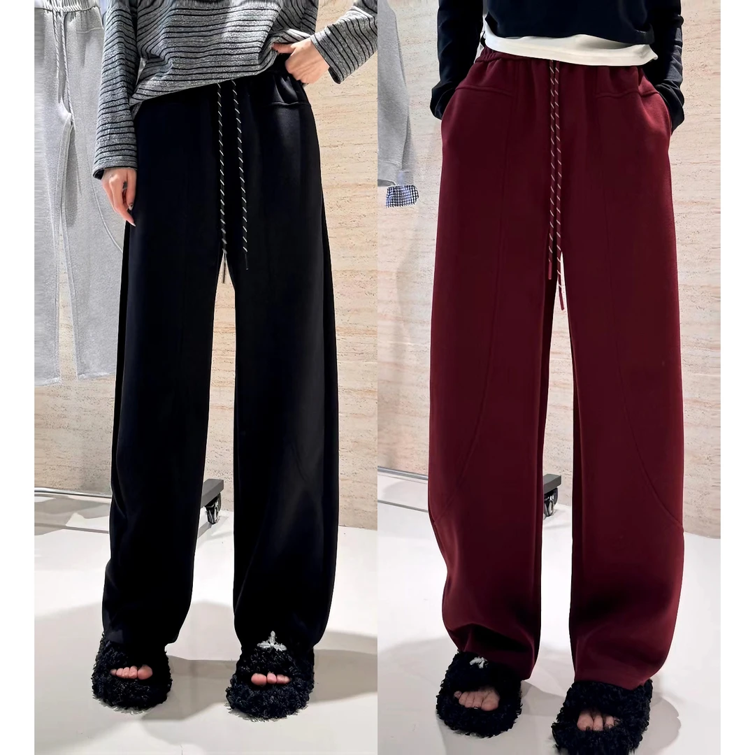 【2696】冬季加绒高腰显瘦弯刀裤宽松百搭休闲裤简约拼接香蕉阔腿裤