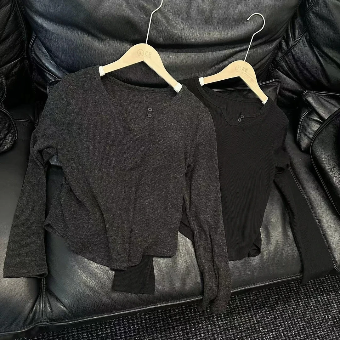 V领长袖T恤女宽松垂坠感慵懒风打底衫秋冬纯色上衣