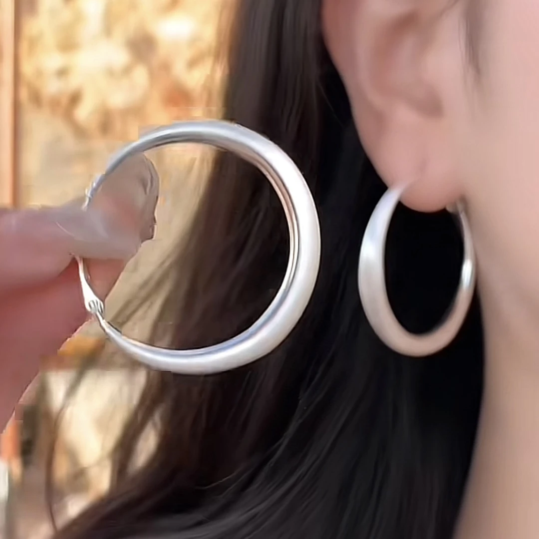 铜合金耳饰 时尚女小众金属拉丝银色哑光素圈耳环925银针耳圈耳饰