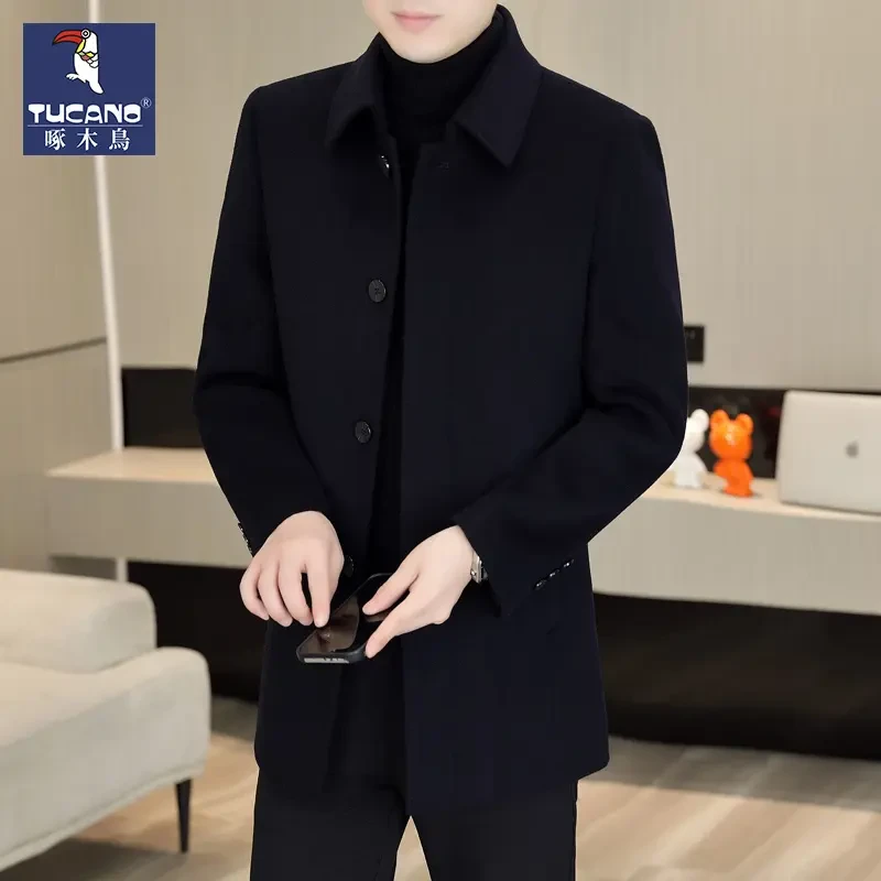 啄木鸟绵毛呢双面呢大衣男士中长款翻领风衣男装秋冬加厚内胆外套