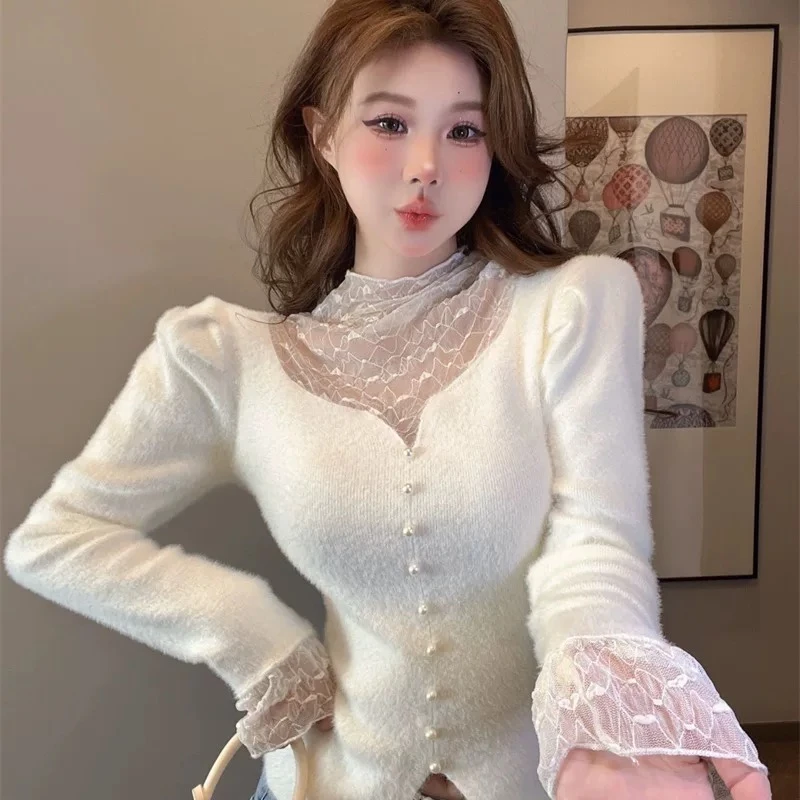 【晨浠定制】新款时尚百搭网纱领针织上衣两色3562