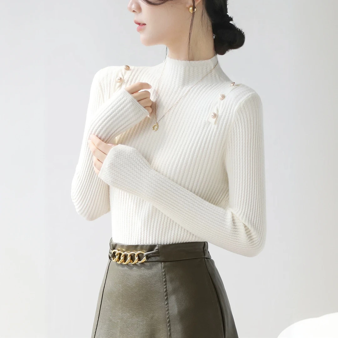 【晨浠定制】新款时尚百搭双肩多扣针织上衣两色1607