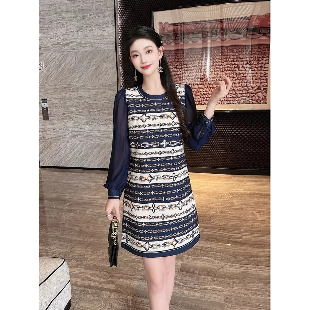 【晨浠定制】新款时尚气质印花裙翻领链条长袖连衣裙2037