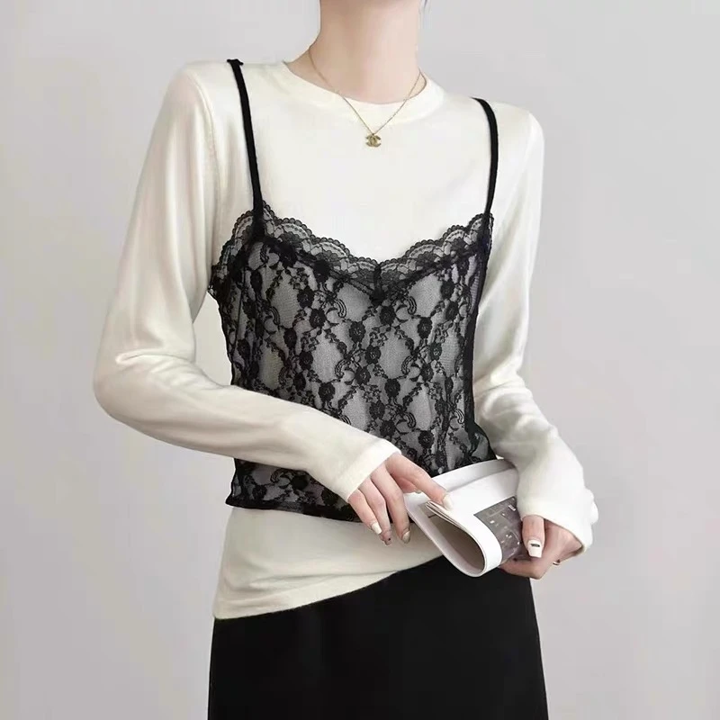 【晨浠定制】新款时尚百搭假两件拼蕾丝针织上衣两色1600