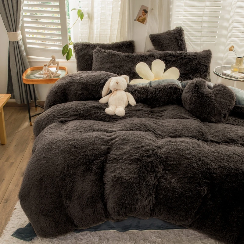 冬季加厚水貂绒床上四件套公主风牛奶珊瑚绒加绒床单人被套三件套