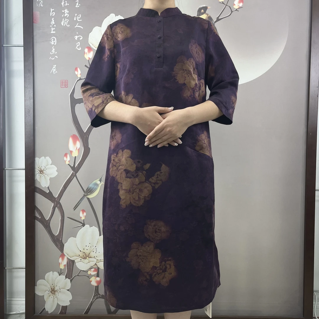 【林典】6689新款时尚气质复古休闲通勤国风中式45姆米香云纱连衣裙