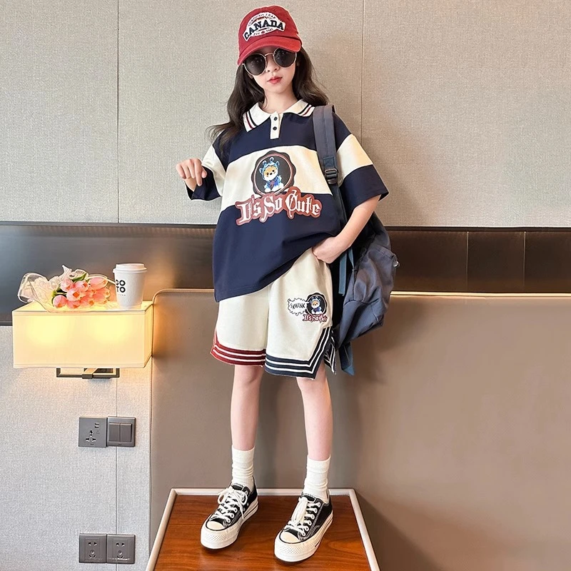 女童夏款2025新款洋气中大童POLO领上衣短裤休闲套装网红儿童夏装