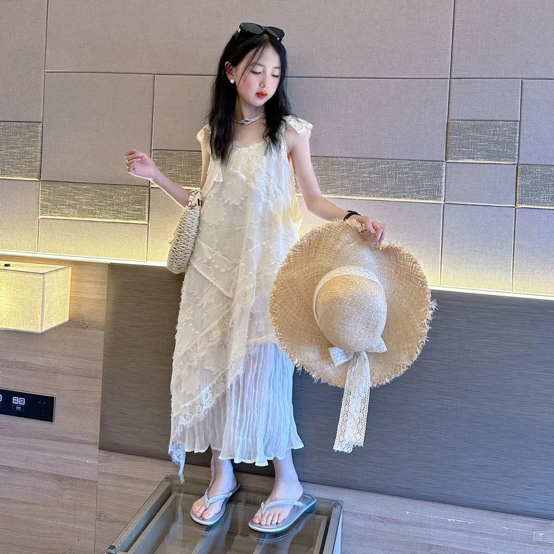 女童连衣裙2025新款夏装大童女孩吊带裙夏季走秀长裙海边潮酷穿搭