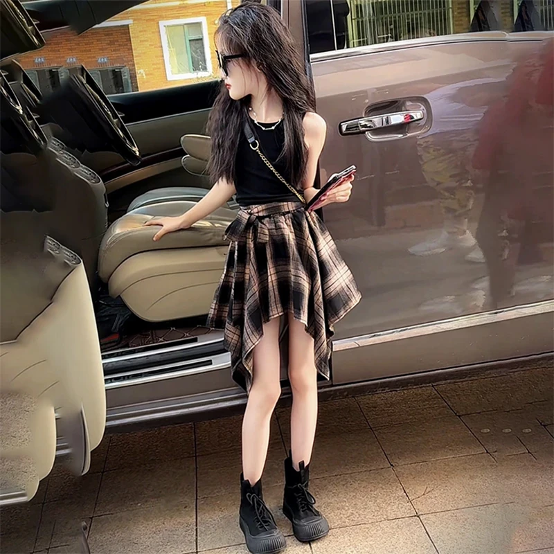 女童夏季无袖套装街舞服饰儿童露背背心t恤薄款不规则半身裙潮酷