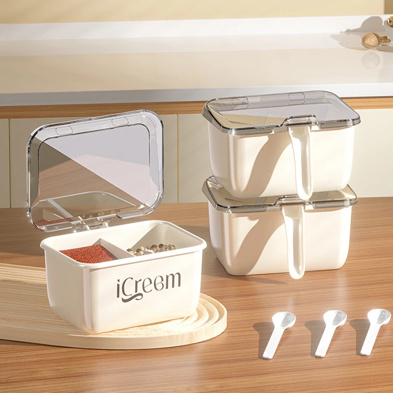 INS奶油风调味盒厨房按压式一体多格调味盒带盖鸡精调料盒佐料盒