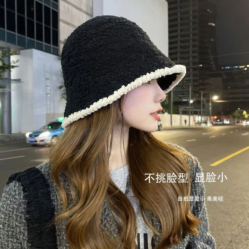 针织渔夫帽子女秋冬季百搭显脸小毛线水桶帽素颜保暖遮脸毛绒盆帽