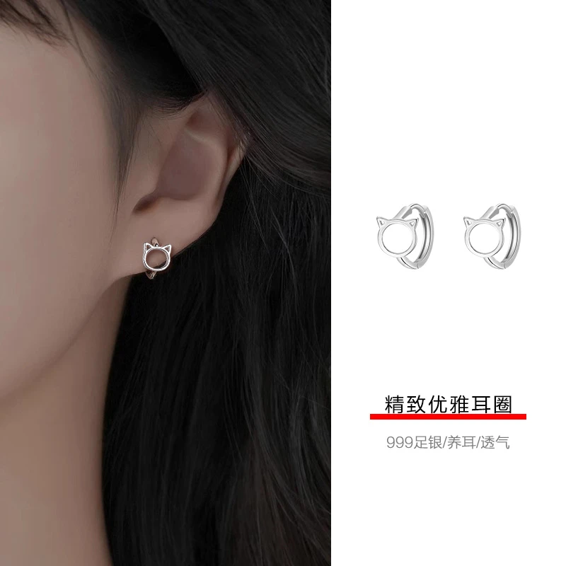 足银耳饰 S999足银猫咪耳扣女小众设计耳环纯银简约百搭透气小巧
