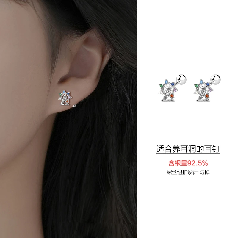 925银耳饰 S925纯银摩天轮螺丝耳钉女小众设计耳环养耳洗睡免摘趣