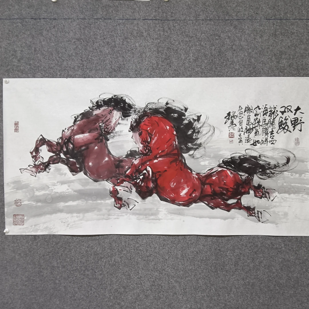 国画瑞永德手绘骏马图《大野双骏》八尺客厅书房餐厅办公室会客室