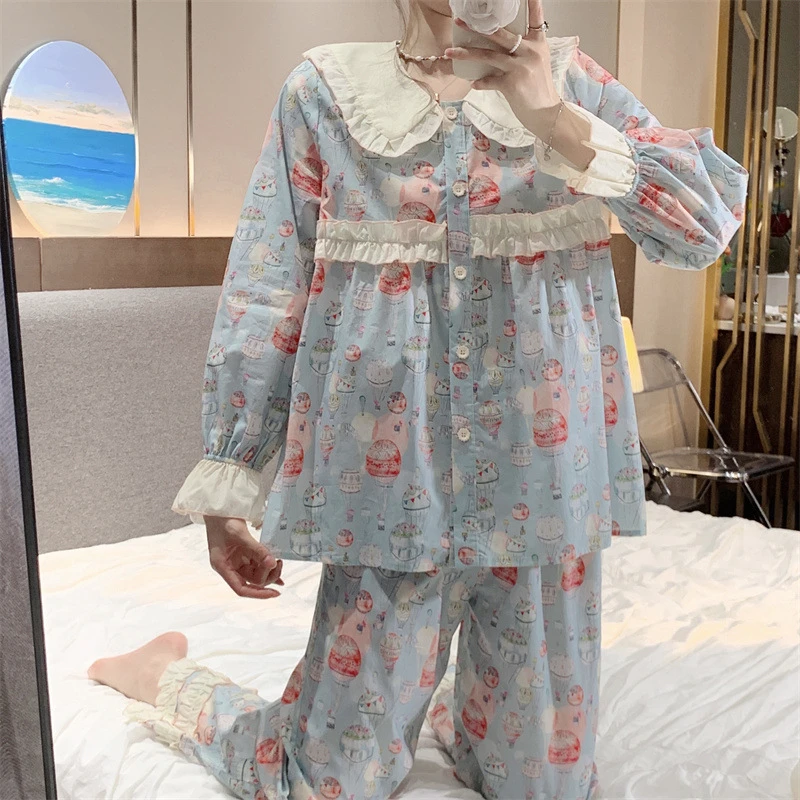大码居家韩国ins女士秋季新款韩版长袖热气球印花睡衣套装家居服