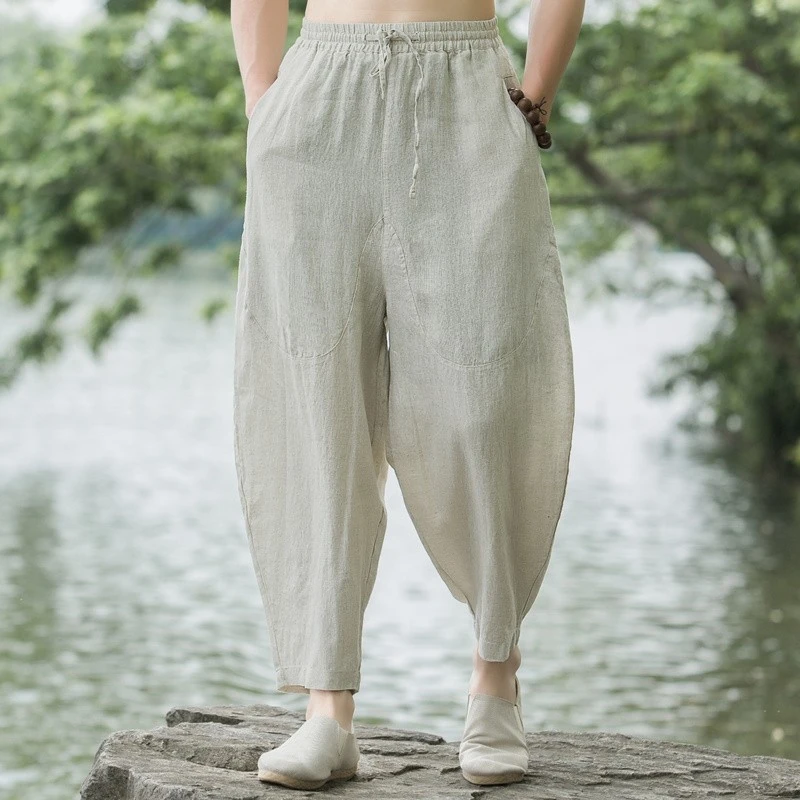 纯亚麻九分裤男士宽松阔腿裤中国风男裤夏季薄款哈伦裤棉麻休闲裤