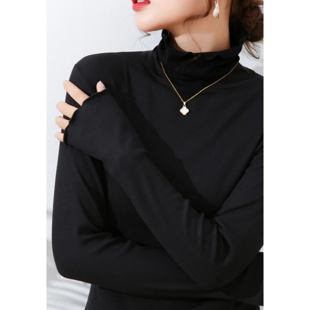 MT DISTORTION 秋冬新款桑蚕丝花瓣高领堆堆领白暖螺纹打底秋冬女