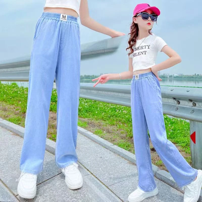 女童夏季新款轻薄透气软牛仔阔腿裤大童儿童中大童直筒休闲洋气