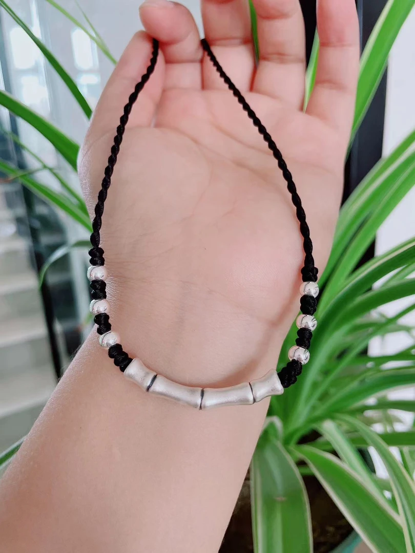 吊坠足银 足银999竹节搭配足银光珠时尚百搭节节高升锁骨链