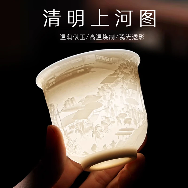 高端清明上河图浮雕级别杯德化羊脂白瓷主人杯中式杯创意陶瓷送礼