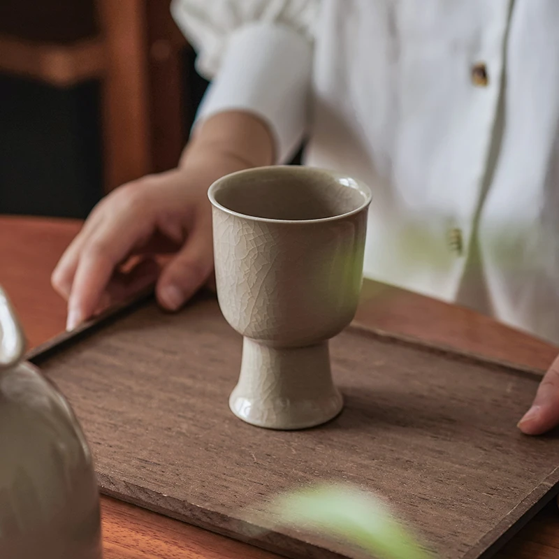 日本进口仿古高台杯日式复古手工陶瓷家用功夫茶具品茗杯高脚茶杯