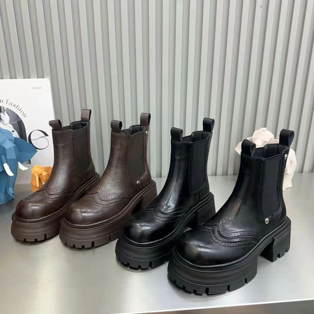 735-5殴洲站真皮厚底切尔西短靴2024秋冬新款加绒英伦风烟筒靴