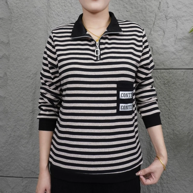 春秋新款时尚百搭遮肉显瘦春秋女士休闲大码拉链翻领套头长袖上衣