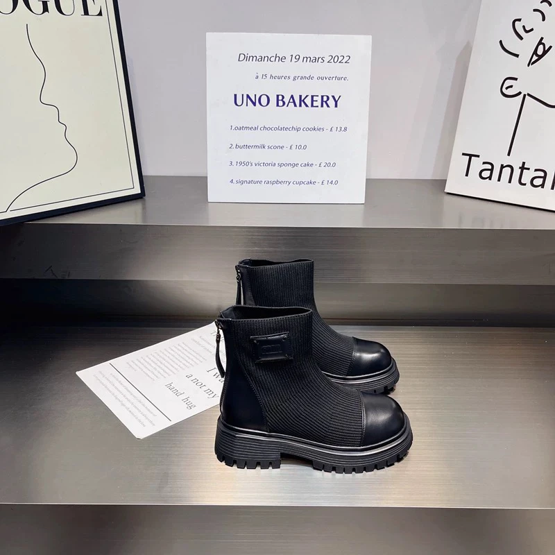 英伦风针织拼接瘦瘦靴女2024新款秋冬短靴厚底马丁靴英伦单靴袜靴