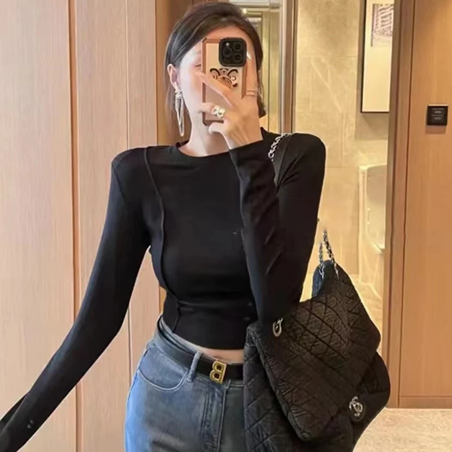圆领长袖上衣打底衫百搭修身防晒显瘦2022早秋新款修身T恤女内搭