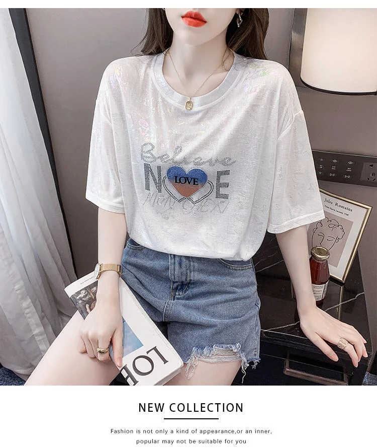 重工烫钻棉短袖t恤女2024夏季新款宽松百搭白色体恤设计感上衣