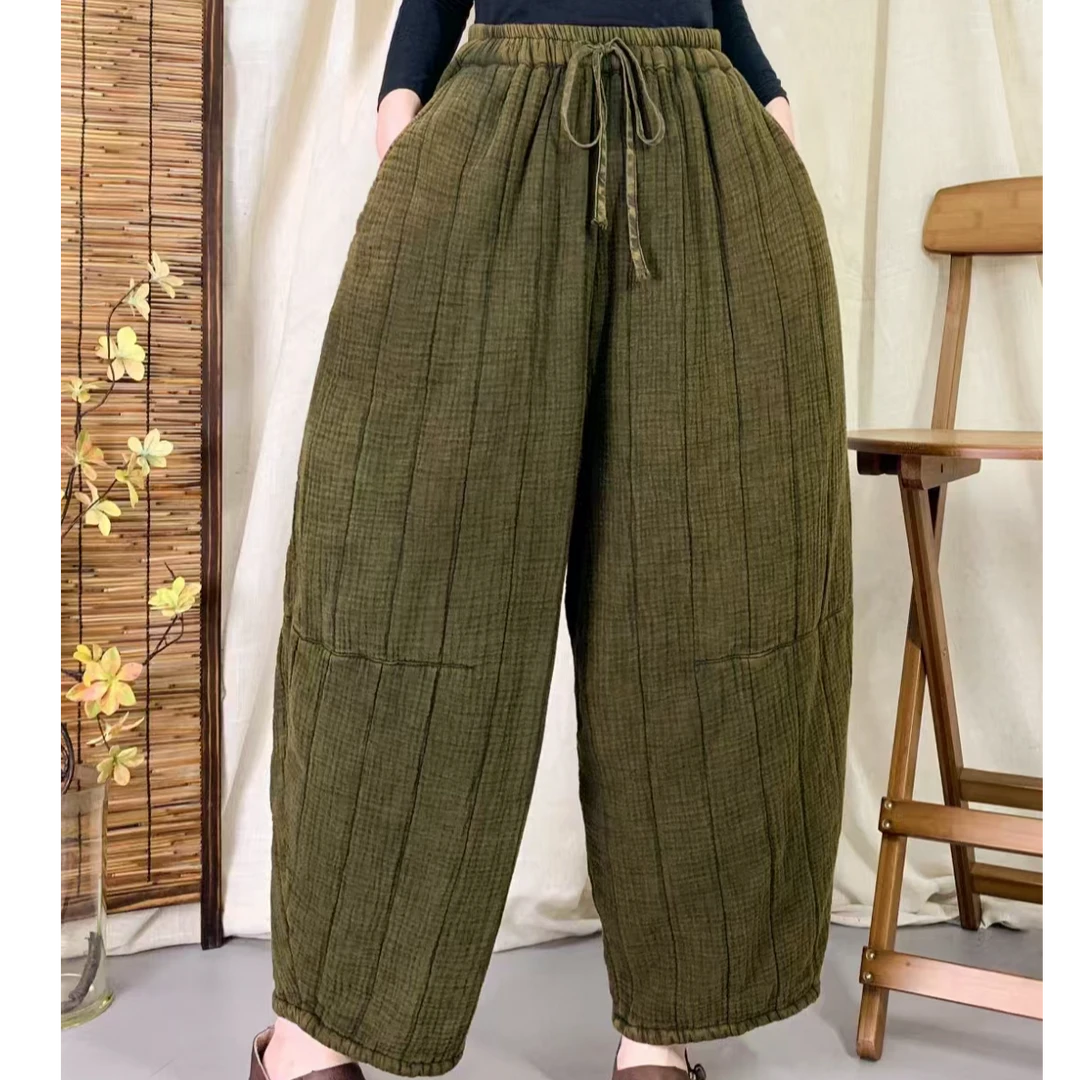 冬季新款复古休闲炒色做旧休闲保暖棉裤宽松文艺阔腿灯笼裤女百搭