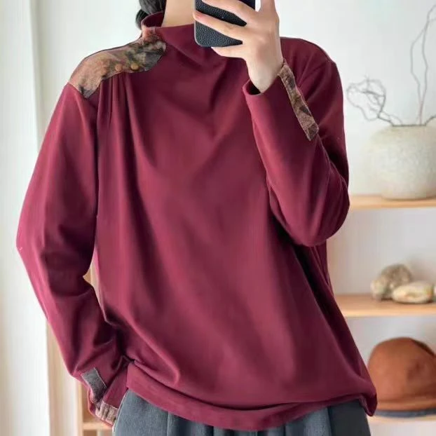 秋冬季新款印花拼接德绒打底衫半高领长袖时尚百搭舒适保暖内搭女